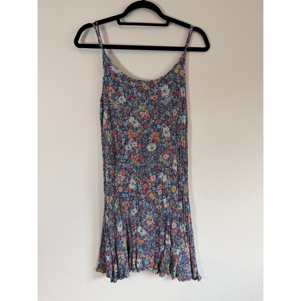ONeill Blue Floral Mini Dress Womens Medium Crinkle Viscose Sundress Ruffle Hem